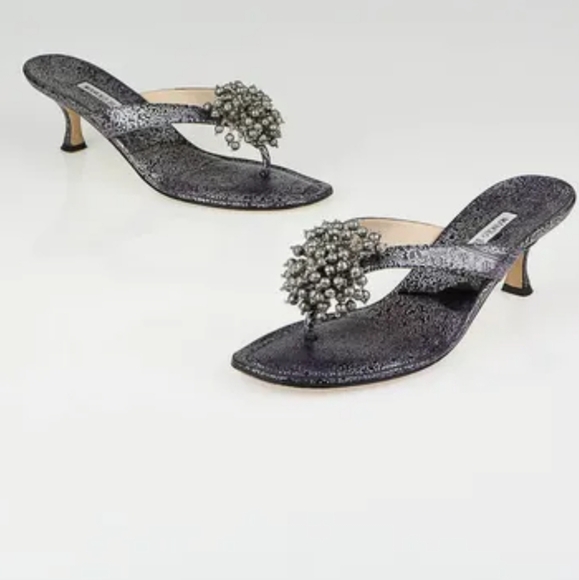 Manolo Blahnik Shoes - Manolo Blahnik Black/Grey/Purple/Blue Leather Afrisea Thong Sandals Size 9/39.5